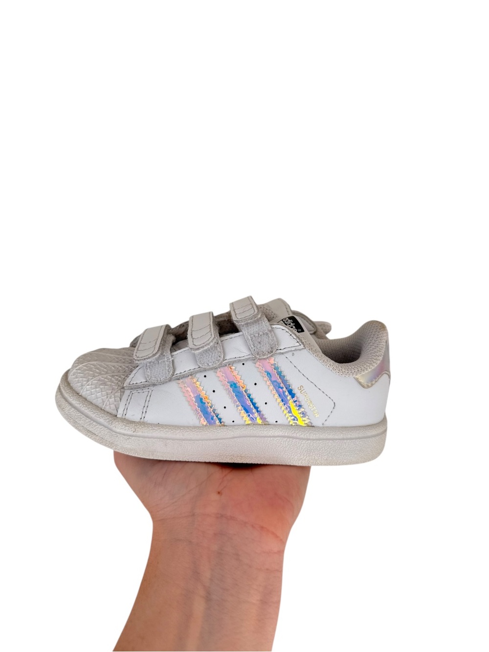 adidas Superstar Kids White Sneakers with Iridescent Stripes Velcro Size 8.5